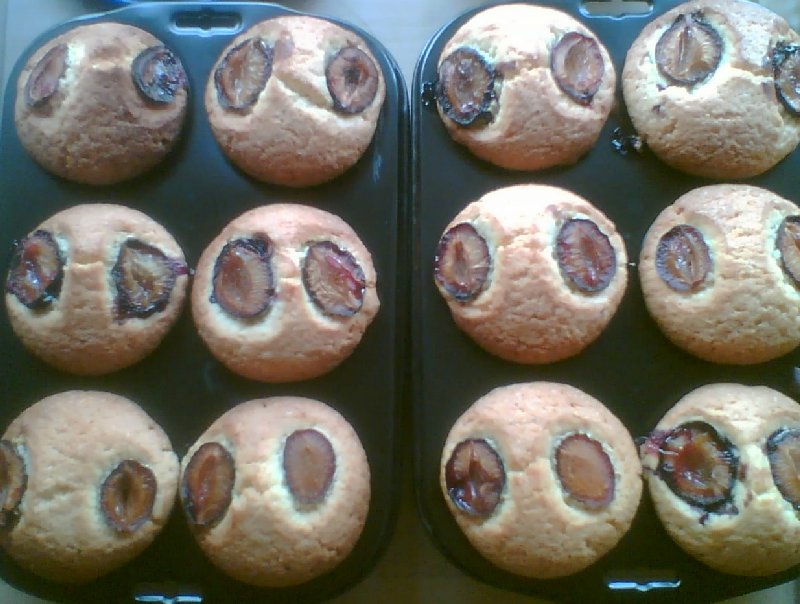 Es handelt sich um ein Dutzend Pflaumen-Muffins, noch in ihren Backformen