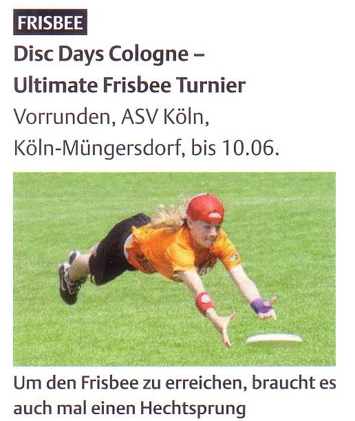 Die Vorankündigung der 6.DDC im Sportkalender Köln mit neuer Artikelvariante: "Der Frisbee"